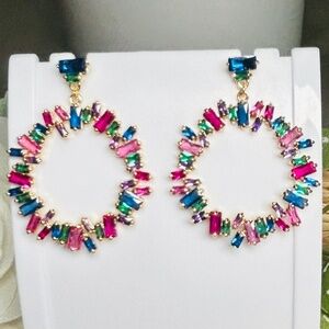 Alluring Rainbow Baguette Crystal Circle Statement Earrings